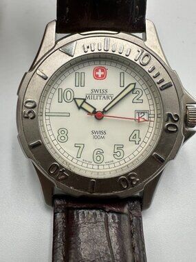Swiss Military Watch Men Silver Tone Brown Leather Band Date Window New Battery